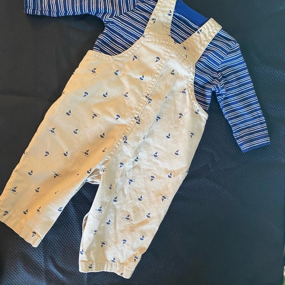 3 Month BabyBoy Outfit Tan overalls with navy anchors + blue/white stripe shirt - Picture 5 of 5